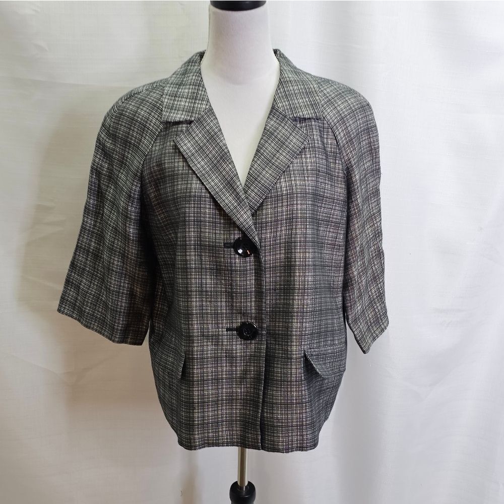 Talbots Black Plaid Quarter Sleeve Button Front Blazer Jacket Size 14
